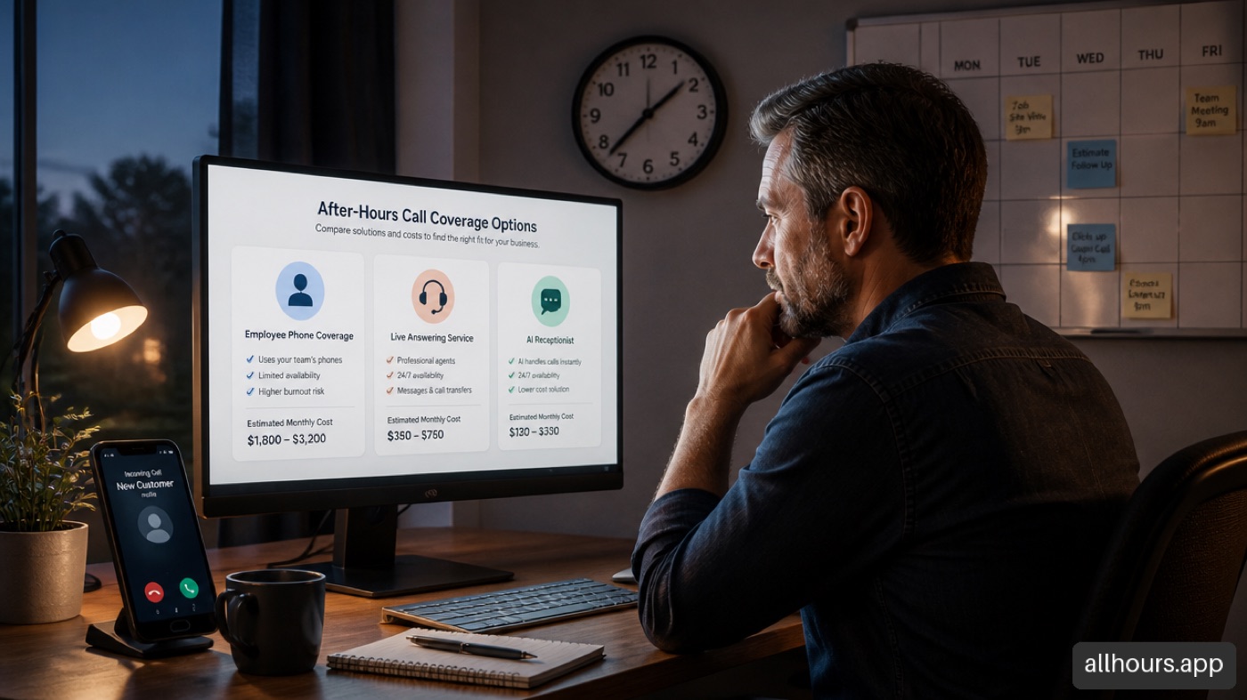 Service business owner comparing employee, answering service, and AI options for after-hours coverage.