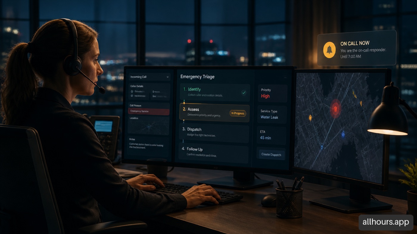 Nighttime dispatcher reviewing an emergency triage and on call escalation workflow.