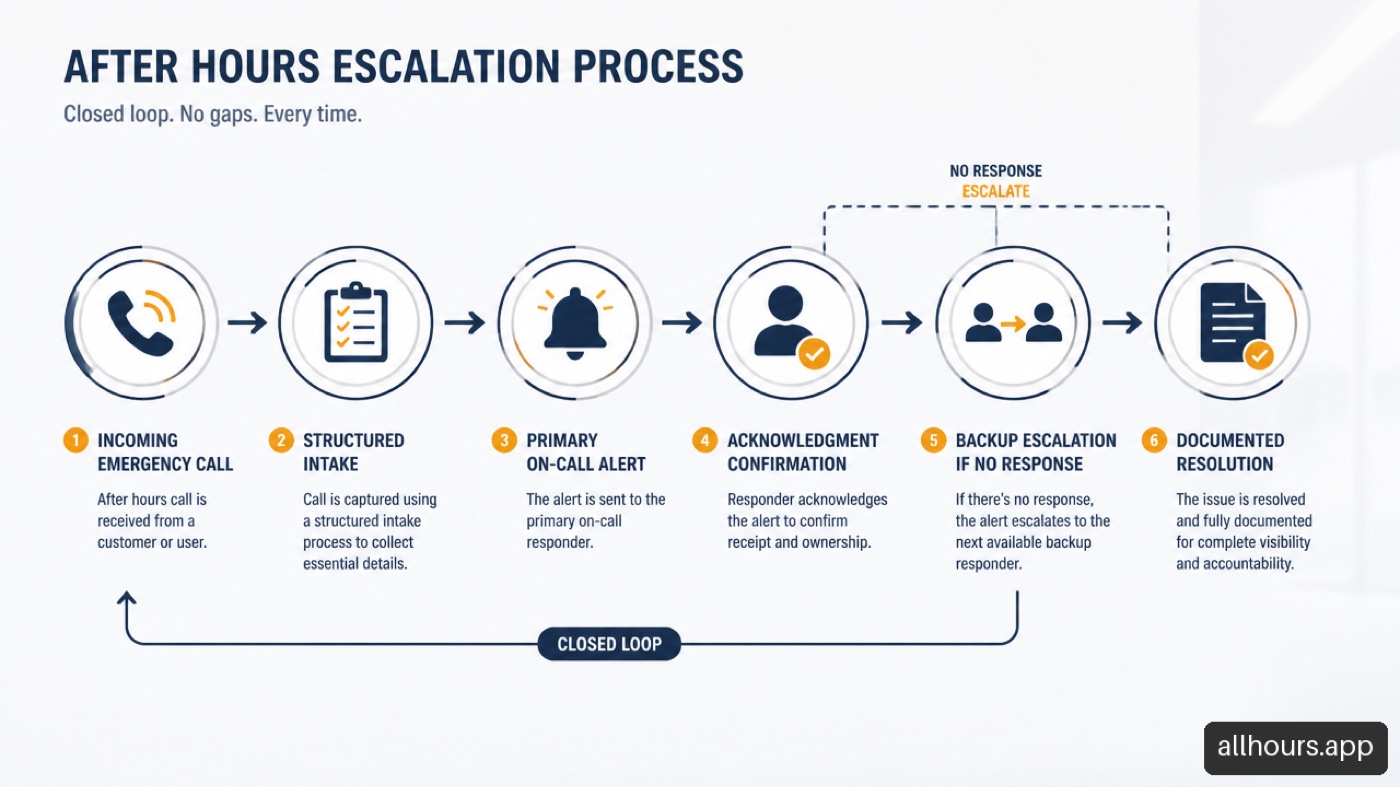 Closed loop escalation flow for an after hours emergency call when the primary on call contact does not respond.