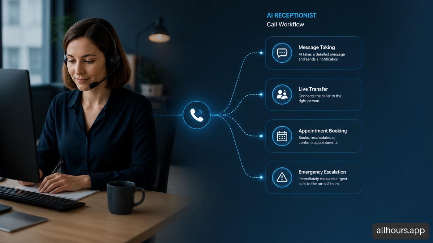 Comparison of a human answering service operator and an AI receptionist processing a business call.