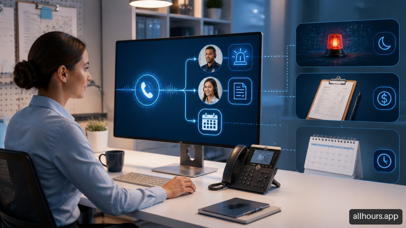 Dispatcher reviewing AI call routing paths for emergencies, specialists, and callbacks.
