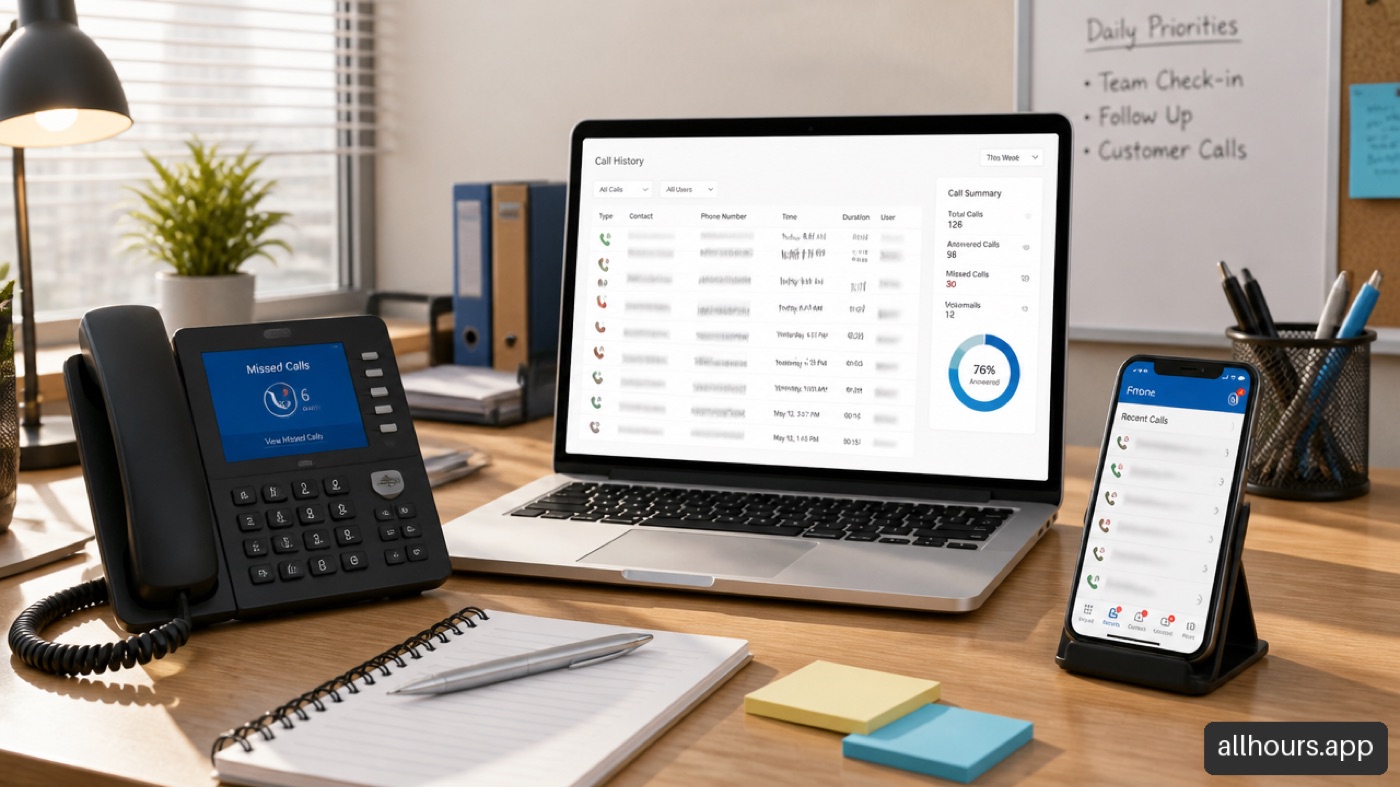 Desk phone, laptop portal, and mobile app showing business missed-call records.