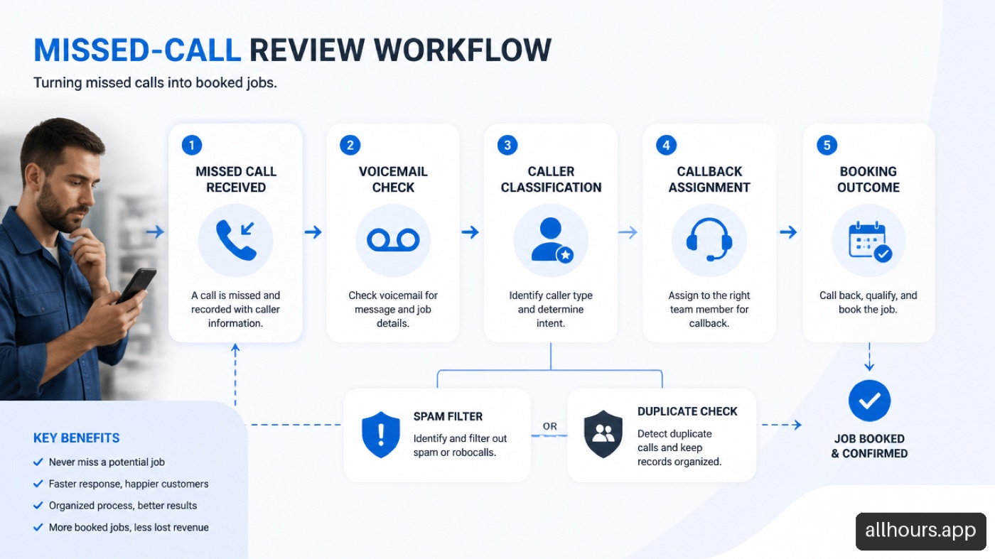 Workflow for reviewing missed calls, filtering spam, assigning callbacks, and recording outcomes.