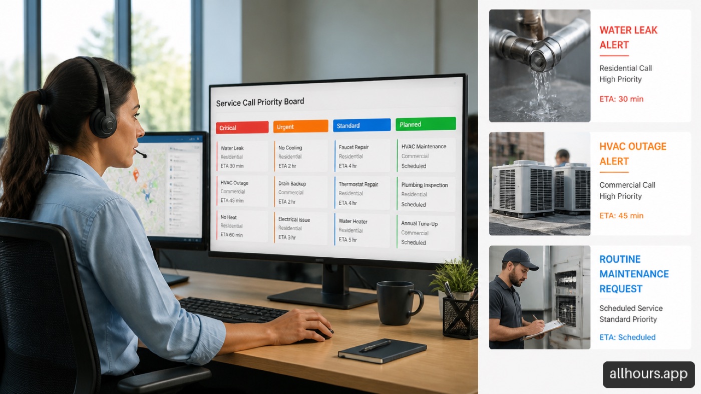 Dispatcher reviewing critical, urgent, standard, and planned service calls on a scheduling board
