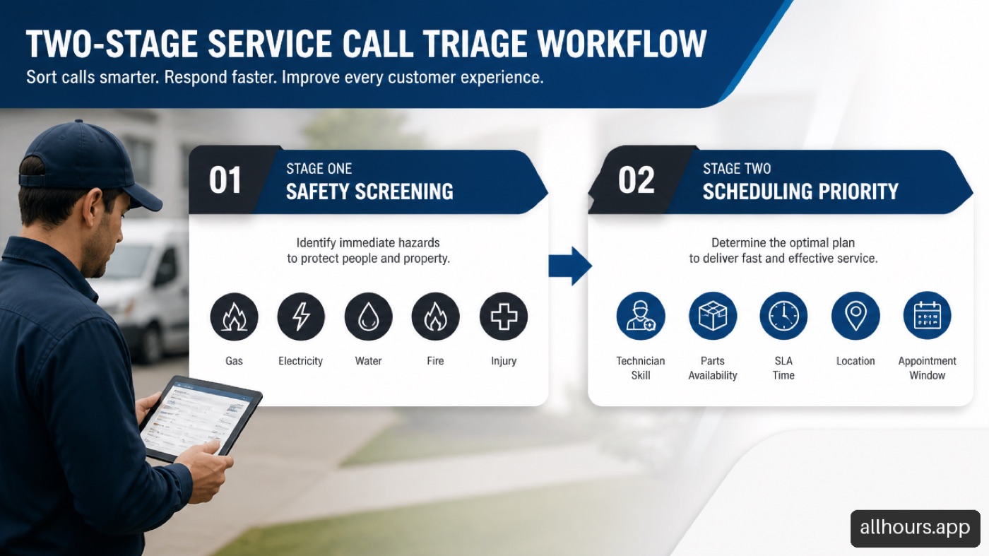 Two stage service call triage workflow showing safety screening followed by scheduling priority
