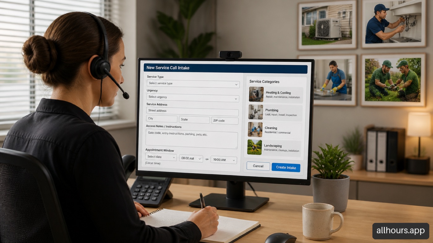 Dispatcher reviewing structured service call intake questions for scheduling and dispatch.