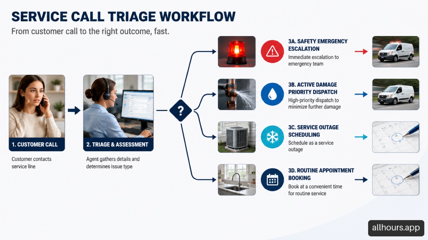 Service call triage workflow showing emergency, active damage, outage, and routine booking paths.