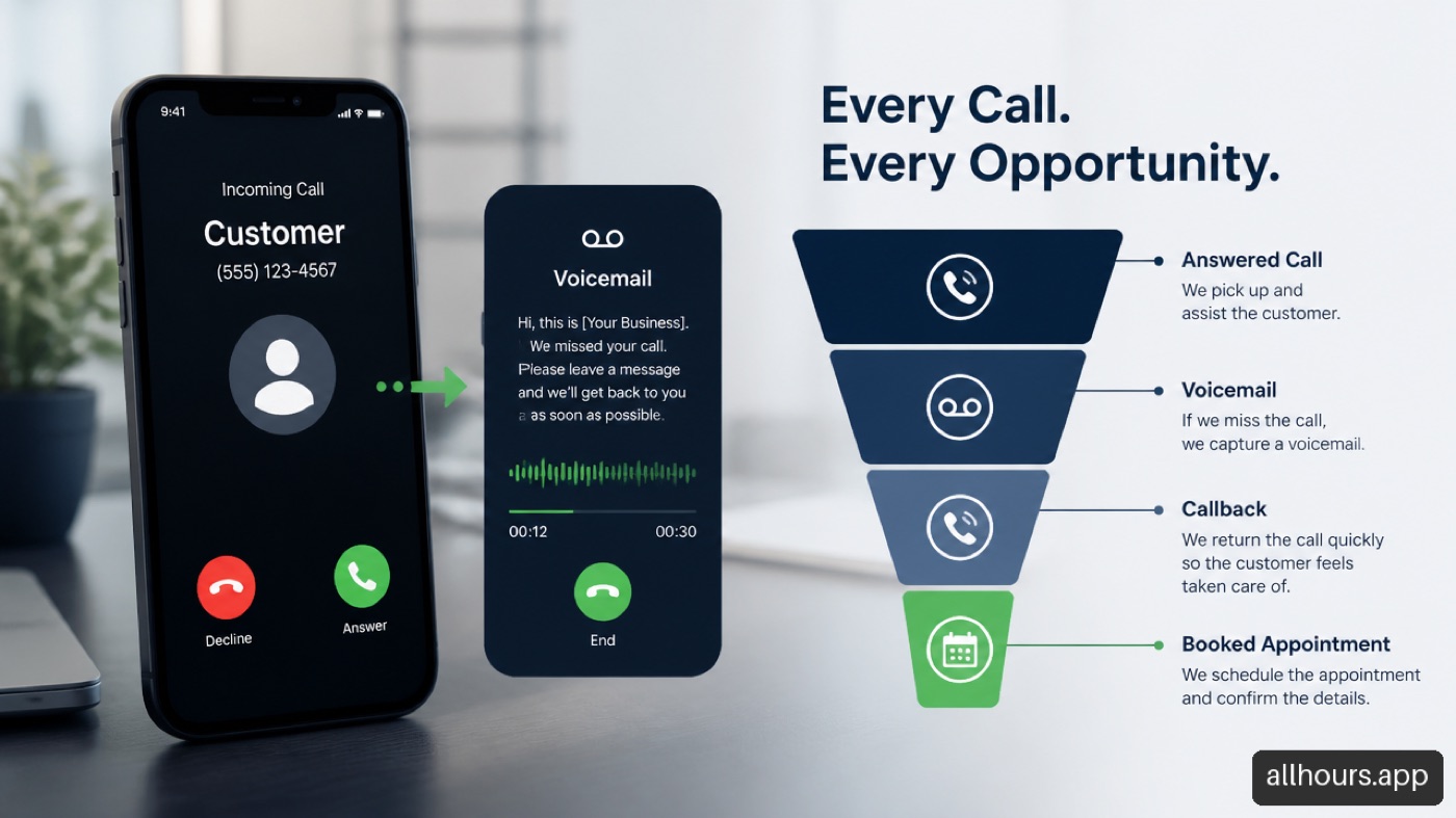 Illustration of a customer call moving from no answer to voicemail, callback, and appointment booking.