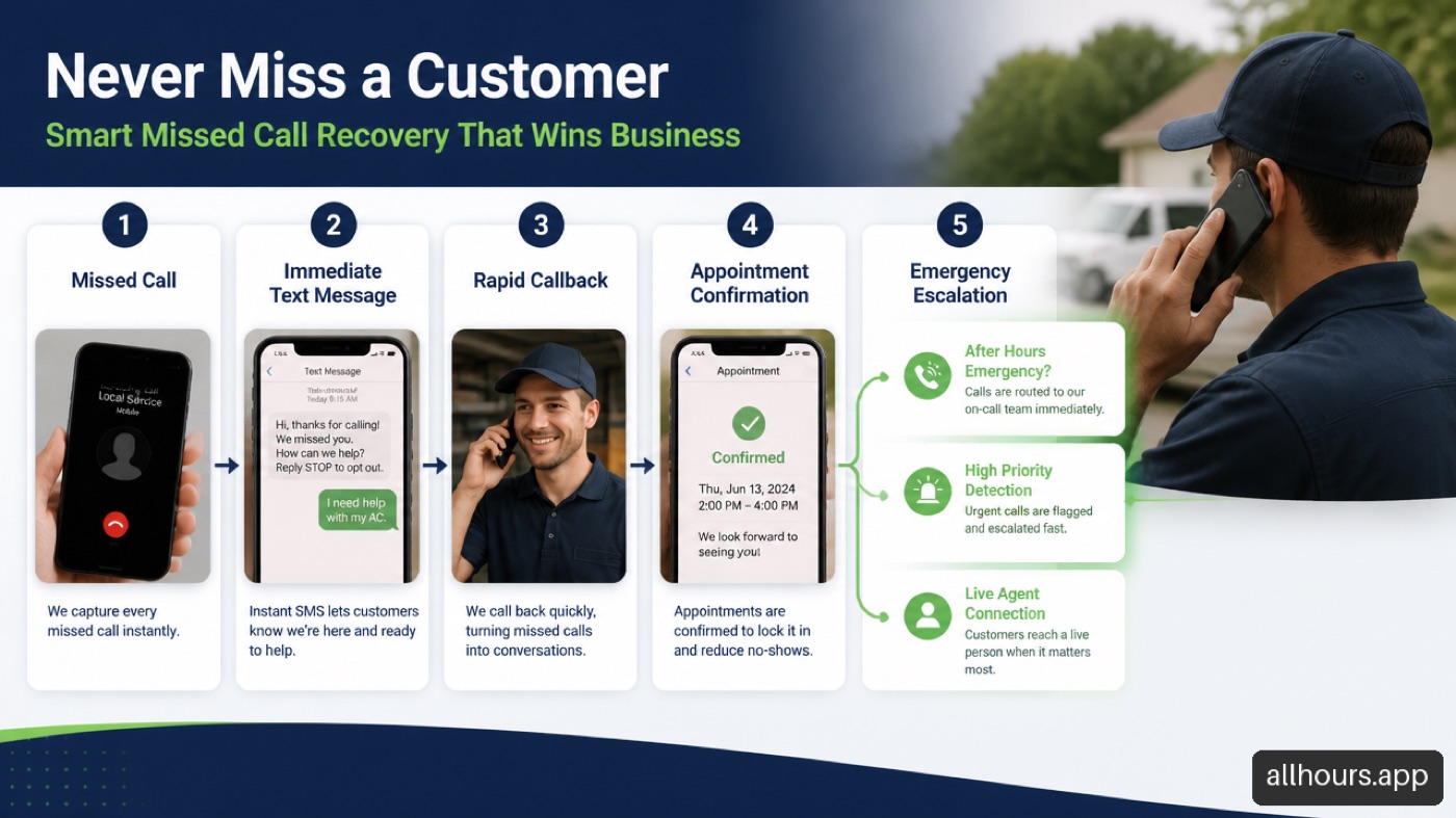 Infographic showing missed-call recovery steps from voicemail to text follow-up, callback, booking, and escalation.